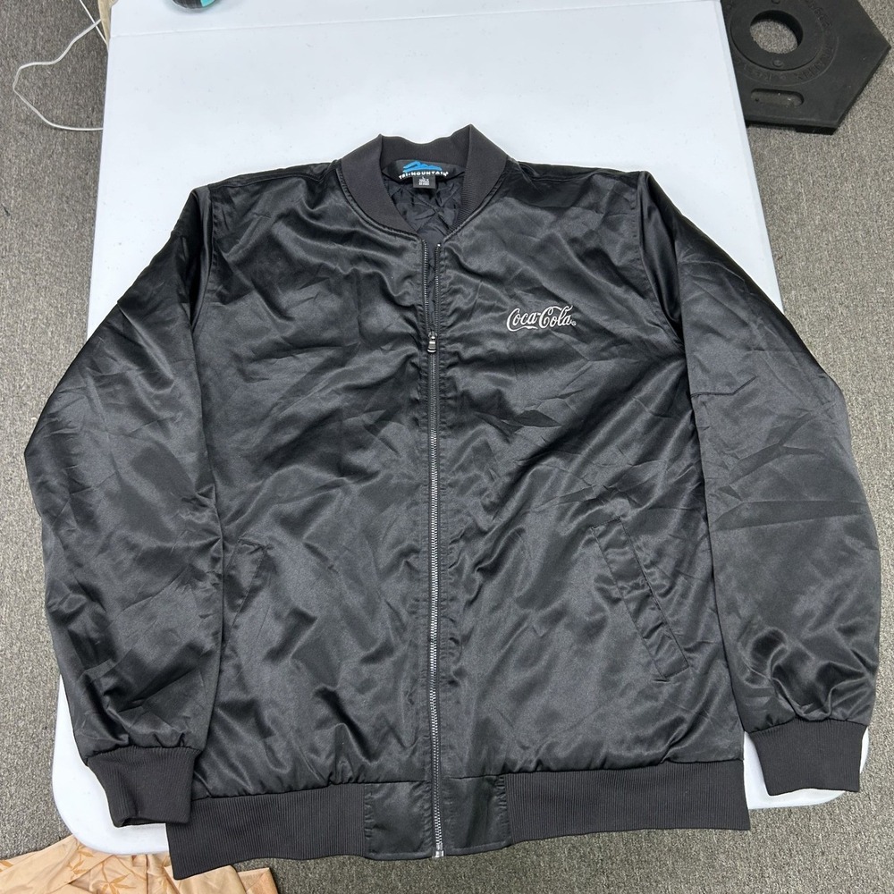 Tri-Mountain Bomber Jacket Mens Large Black Coca-Cola Satin Quilted Lined I2